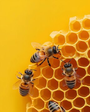 Bees and Honeycomb on Yellow