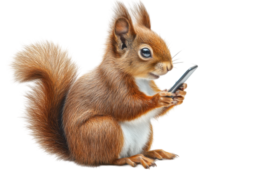Squirrel with a smartphone, minimalist sketch, white background