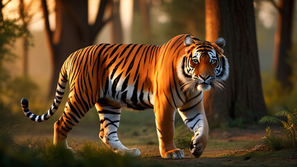 Fototapeta premium A Royal Bengal Tiger walking through the forest during the golden hour, with warm sunlight filtering through the trees and highlighting the tiger's stripes