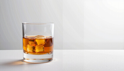 Whiskey on the rocks in a clear glass on a white surface