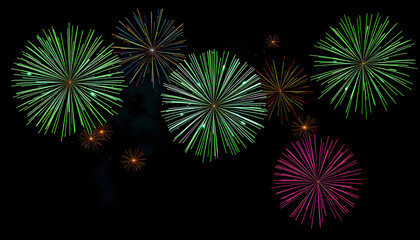 Fototapeta premium colorful green fireworks on black sky background banner isolated with white highlights, png