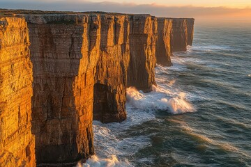 Golden cliffs at sunset with waves crashing below, viewed from a high angle for a dramatic, scenic...