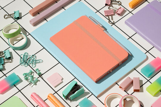 Neatly arranged school office stationery supplies