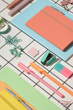 Neatly arranged school office stationery supplies