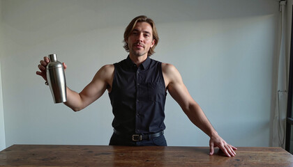 Bartender holding a cocktail shaker confidently