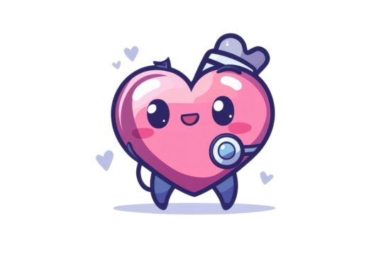 A playful cartoon design of a stethoscope with a heart, on a clean white backdrop