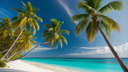 A serene tropical beach with tall palm trees swaying in the breeze, clear turquoise waters, and white sandy shores