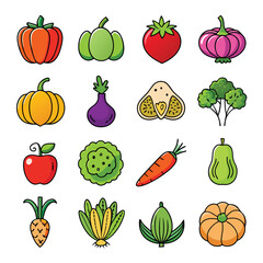 Bright and Fun Vegetable Icon Collection Featuring Pumpkins, Broccoli, and Carrots for Educational and Creative Projects
