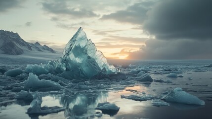A stunning ice formation reflects the sunset over a serene, icy landscape.