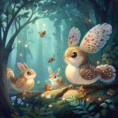 Fototapeta premium Cute creatures in enchanted forest scene. Small animals like rabbits, birds meeting. Nature scene with flowers, butterflies. Peaceful, magical atmosphere. Perfect for children books eco-friendly