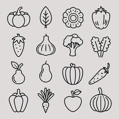 Variety of Whimsical Vegetable and Fruit Icons Featuring Pumpkins, Broccoli, and Carrots for Fun Educational Projects