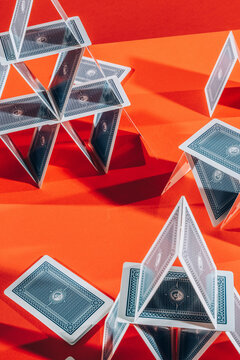 Card scattered on red table 