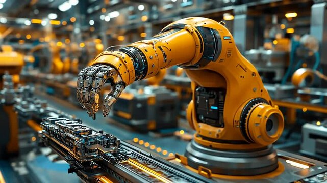 Advanced robotic arm performs precise assembly on a production line in a modern factory.