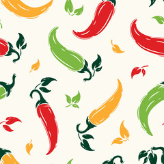 Chili Pepper Seamless Pattern. Hot Chilli Taste. Spicy Food. Hand drawn. Vector illustration.