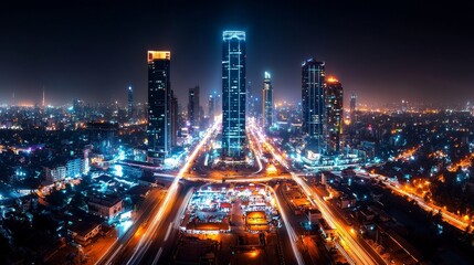 Obraz premium Night city lights with iconic skyline, street food stalls and travelers mingling, sophisticated text overlay area, bright and atmospheric