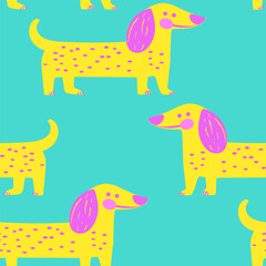 Cute dachshund pattern. Hand drawn seamless texture with dogs. Vector illustration