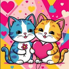 Cute cartoon cats holding a heart and flower against a colorful background filled with hearts