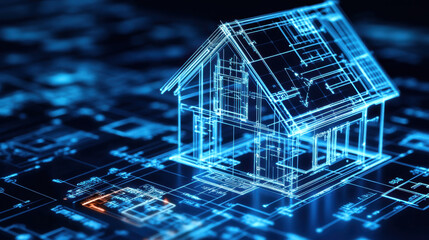 House blueprint. A digital representation of a house, surrounded by a blue grid, symbolizing smart home technology and architectural innovation.
