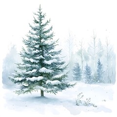 Fototapeta premium Watercolor winter forest with snow illustration