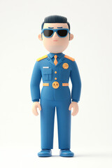 A cartoonish figure in a blue uniform with sunglasses, exuding authority and confidence.