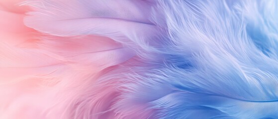Delicate feathers create a soft gradient from pink to purple to blue, showing fine textural details and wispy strands. The macro photograph captures the ethereal, fluffy texture, Generative AI
