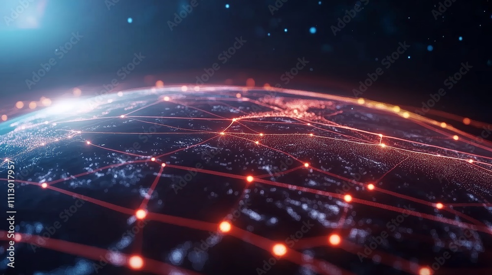 Poster visual representation of interconnected global networks showcasing digital data flow across earth