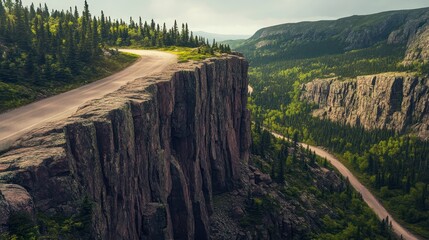 Serpentine road through rocky cliffs, with green forests on one side and rugged mountain terrain on the other.