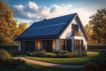 Obraz premium Detached eco home with solar panels on roof in beautiful yard. Modern home with garden. Sunny day. Beautiful property. Eco friendly house. Beautiful autumn trees. Modern design. Sustainable living.