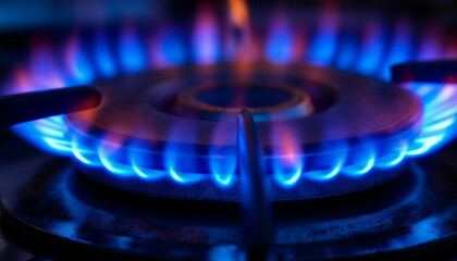  Intense blue flames burning on a gas stove burner, showcasing texture and energy.