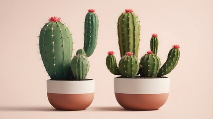 Two Blooming Cactus Plants in Terracotta Pots