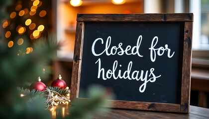 Naklejka premium Closed for Holidays Sign with Christmas Decor