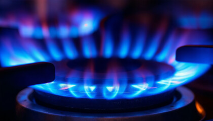  Intense blue flames burning on a gas stove burner, showcasing texture and energy.
