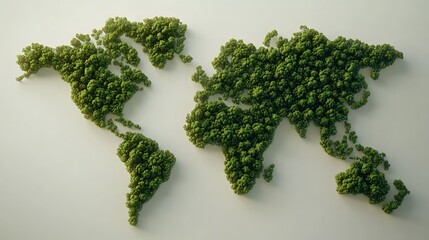 A global map of the world made out of trees, angled view, on white background