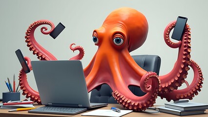 An octopus managing multiple tasks at a desk, symbolizing multitasking and work organization.