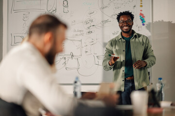 Smiling software developer leading a project meeting with team