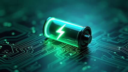 Glowing green power neon futuristic energy storage, high capacity rechargeable lithium ion battery