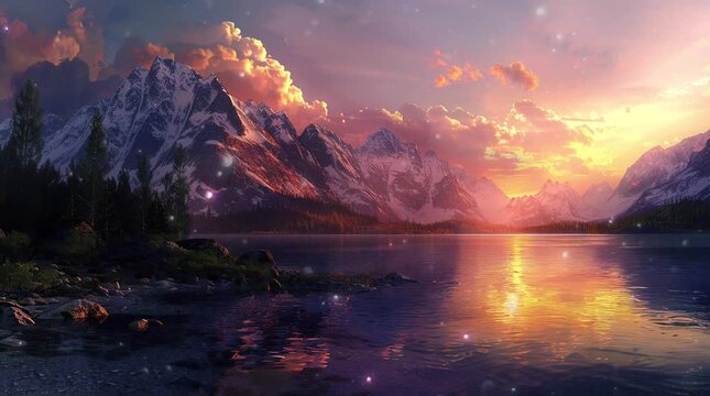 Glowing lake reflecting a stunning sunset with warm colors and serene ambiance  
Seamless looping 4k time-lapse virtual video animation Generated AI