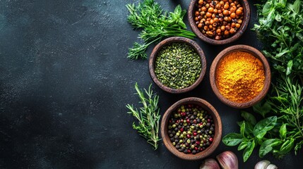 Fototapeta premium Flat lay of herbs and spices on a dark rustic background