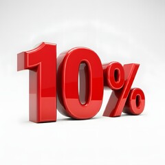 3D bold red text reading '10%' with a glossy finish and floating shadow effect, highlighted by rim lighting. Presented on a pure white background, offering a sleek and professional promotional design.