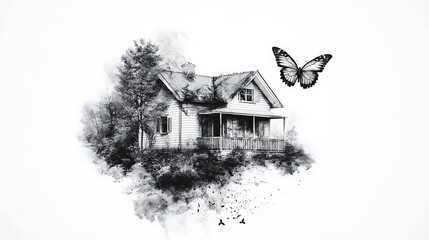 Black and white drawing house with butterfly flying image