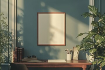 Elegant home office setup with natural light highlighting a blank frame on the wall