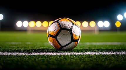 Fototapeta premium Soccer ball, centered on green field, stadium lights illuminating