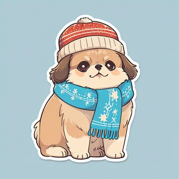 recommend clip art: Adorable Winter Pekingese Puppy in Cozy Knit Hat and Scarf