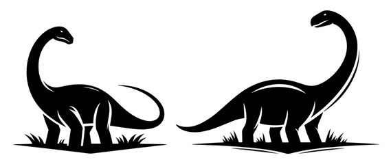 majestic brachiosaurus and palm trees in silhouette – black vector collection