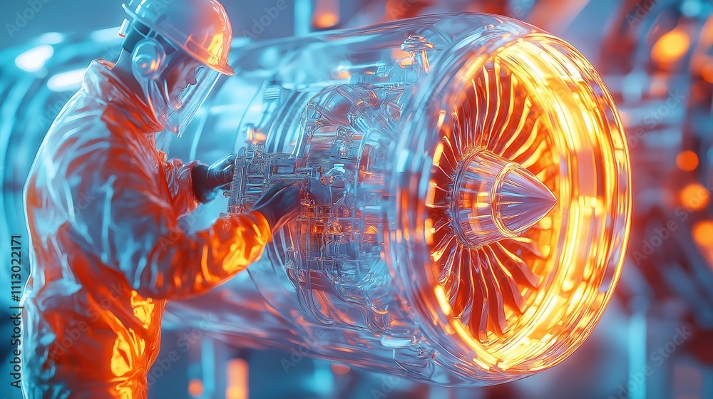Poster futuristic engineer inspecting transparent high-tech jet engine with glowing turbine, showcasing adv