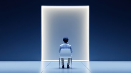 Obraz premium Contemplative Asian Male Facing Illuminated Portal in Minimalist Room