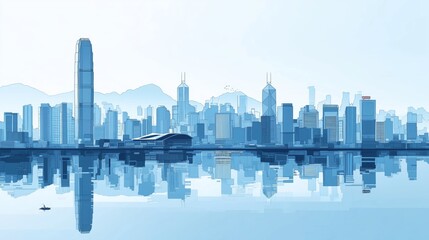 Fototapeta premium Blue-toned modern city skyline illustration with tall skyscrapers and architectural reflections, symbolizing urban growth and futuristic vision, Generative AI