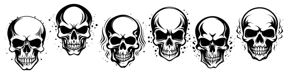 realistic skull illustrations in line art style with variations in shading