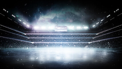 Ice stadium background. Dark beautiful empty winter background and empty ice rink with lights. Spotlights shines on the rink. Night lighting with spotlights. Panorama
