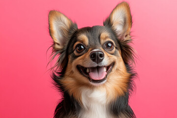 Fototapeta premium Small dog with tongue out, playful expression, sitting on green grass, bright sunlight.